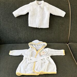 Cozy White Fleecy Sweater (3-6 M) and Adorable Kids Bathrobe (0-9 Months)